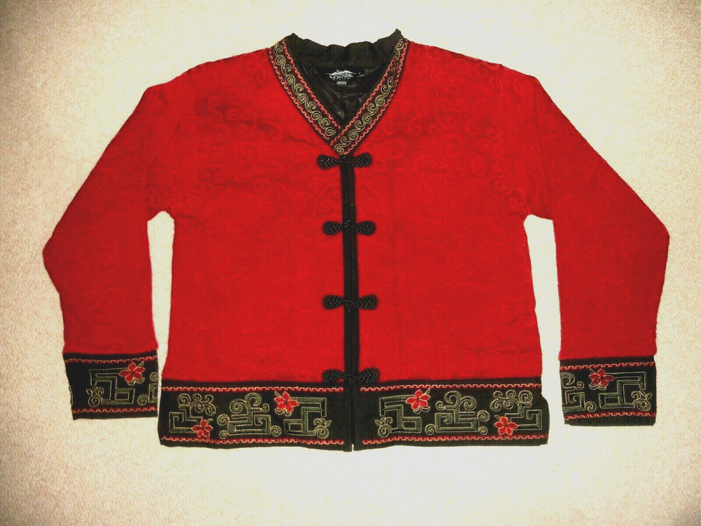 VINTAGE Womens Sweater/Jacket-ICELANDIC DESIGN-red/black Oriental lined frog-L